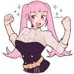  1girl artist_name bangs belt blunt_bangs blush breasts clenched_hands commentary cravat do_m_kaeru double-breasted fire_emblem fire_emblem:_three_houses flexing garreg_mach_monastery_uniform hilda_valentine_goneril long_hair looking_to_the_side medium_breasts open_mouth pink_eyes pink_hair pose signature simple_background smile solo sparkle symbol_commentary twintails upper_body white_background white_neckwear 