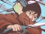  1girl asian black_eyes black_hair brown_jacket close-up dual_wielding floating_hair hair_between_eyes holding holding_sword holding_weapon jacket lem looking_down mikasa_ackerman motion_blur motion_lines shingeki_no_kyojin short_hair solo sword weapon 