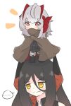  2girls annoyed arknights black_hair blush cape demon_girl demon_horns english_commentary grey_hair horns ines_(arknights) kurotofu long_hair multiple_girls on_head orange_eyes short_hair w_(arknights) yellow_eyes younger 