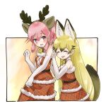  2girls animal_ears bare_shoulders bell bell_collar blush brown_hair christmas collar commentary_request dress elbow_gloves embarrassed extra_ears ezo_red_fox_(kemono_friends) fake_animal_ears fake_antlers fox_ears fox_girl fox_tail gloves highres iwa_(iwafish) kemono_friends kemono_friends_3 long_hair matching_outfit multiple_girls nana_(kemono_friends) orange_hair pink_eyes pink_hair plaid plaid_dress ponytail red_dress short_hair sleeveless tail white_collar white_gloves 