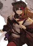  1girl absurdres animal_ears arknights axe bear bear_ears bear_girl blue_eyes brown_hair brown_jacket brown_skirt collar cowboy_shot elite_ii_(arknights) eyebrows_visible_through_hair fur-trimmed_jacket fur_trim highres holding holding_axe holding_weapon jacket long_hair looking_at_viewer molyb multicolored_hair open_clothes open_jacket pantyhose pouch red_legwear school_uniform serafuku shirt skirt solo standing strap streaked_hair weapon white_shirt zima_(arknights) zipper 