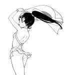  1girl absurdres arms_up ass backless_dress backless_outfit bare_legs black_hair dress figure_skating_dress greyscale halftone highres lineart long_hair monochrome open_mouth original ponytail simple_background smile solo tayama_midori white_background 