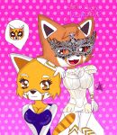  2girls absurdres aggressive_retsuko animal_ears crossover dress hand_on_another&#039;s_head highres makeup mask migetrina4ver2018 multiple_girls office_lady pink_background polka_dot polka_dot_background raccoon raccoon_(the_masked_singer) raccoon_ears raccoon_girl raccoon_tail red_panda red_panda_ears red_panda_tail retsuko spanish_text tail the_masked_singer white_dress 