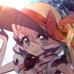  1girl blue_sky braid braided_ponytail choker diffraction_spikes dress elsa_(symphogear) eyebrows_visible_through_hair grey_eyes hat highlights lens_flare multicolored_hair outdoors palm_tree pink_hair red_choker ribbon ribbon_choker rice_kobayashi senki_zesshou_symphogear single_braid sky smile straw_hat sundress sunlight tree two-tone_hair white_dress 