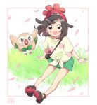  1girl bangs beanie blush commentary_request dated floral_print gen_7_pokemon grass green_shorts grey_eyes hat kisukekun knees looking_at_viewer open_mouth petals pokemon pokemon_(creature) pokemon_(game) pokemon_sm red_headwear rowlet selene_(pokemon) shirt shoes short_shorts short_sleeves shorts signature smile starter_pokemon swept_bangs t-shirt tied_shirt z-ring 