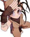  1girl :/ arm_support arm_up bandaged_feet bandana between_legs blush breasts brown_eyes brown_gloves brown_hair closed_mouth clothing_cutout commentary ehfhfh_3712 english_commentary face fingerless_gloves from_above gloves hand_between_legs highres ibuki_(street_fighter) japanese_clothes long_hair looking_at_viewer looking_up medium_breasts ninja side_cutout simple_background solo squatting street_fighter thigh_cutout torn_clothes torn_sleeves white_background 