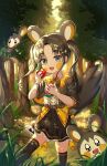  1girl :d absurdres animal_ears apple bangs black_capelet black_eyes black_hair black_legwear black_skirt blurry blurry_background bomhae bow bowtie bracelet brooch capelet center_frills commentary_request depth_of_field emolga eyebrows_visible_through_hair feet_out_of_frame flat_chest food forest frills fruit gen_5_pokemon hair_ornament highres holding holding_food holding_fruit jewelry lightning_bolt lightning_bolt_hair_ornament long_hair looking_at_viewer nature open_mouth over-kneehighs parted_bangs personification pokemon pokemon_(creature) pokemon_(game) pokemon_bw shirt skirt smile solo standing standing_on_one_leg tail thigh-highs tree twintails white_shirt yellow_bow yellow_neckwear 