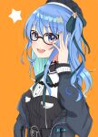  1girl adjusting_eyewear beret bespectacled blue_eyes blue_hair blue_jacket breasts choker fingernails from_side glasses green_ribbon hat hat_ribbon highres hololive hoshimachi_suisei jacket kuwa_za lace lace_choker looking_at_viewer nail_polish off-shoulder_jacket open_mouth orange_background orange_nails ribbon ringlets sidelocks simple_background small_breasts smile solo wavy_hair 