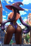 1girl ass bare_back bare_shoulders black_hair clouds crossed_arms from_behind genshin_impact hat highres lips lipstick long_hair looking_at_viewer looking_back luminyu makeup mona_(genshin_impact) pantyhose patreon_username pout solo thighs twintails very_long_hair witch_hat