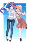  2girls :d absurdres arm_grab arm_up bangs black_footwear black_ribbon blue_background blue_pants blush border brown_hair chestnut_mouth clothing_cutout collared_shirt denim dress_shirt eyebrows_visible_through_hair floating_hair full_body gochuumon_wa_usagi_desu_ka? gradient gradient_background hair_between_eyes highres hoto_cocoa jewelry long_hair looking_at_viewer medium_skirt multiple_girls neck_ribbon open_mouth outside_border pants pendant pleated_skirt ponytail purple_hair red_skirt ribbon shiny shiny_hair shirt short_sleeves shoulder_cutout skirt smile socks standing standing_on_one_leg suspender_skirt suspenders tawai tedeza_rize v very_long_hair violet_eyes white_border white_legwear white_shirt wing_collar 