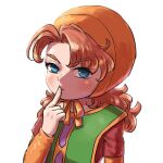  1girl arinsu_(kodamamaimai) curly_hair dragon_quest dragon_quest_vii dress finger_to_mouth hood long_hair looking_at_viewer maribel_(dq7) simple_background solo white_background 