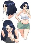  1girl black_hair camisole crop_top eating eyebrows_visible_through_hair feet_out_of_frame food green_shorts hand_on_hip ice_cream ice_cream_cone long_hair midriff multiple_views navel original royal_tea short_hair shorts simple_background white_background 