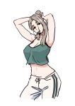  1girl adjusting_hair armpits arms_up breasts brown_hair camisole covered_nipples cowboy_shot crop_top green_camisole large_breasts midriff mouth_hold navel original pants royal_tea simple_background solo strap_gap white_background white_pants 