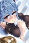  1girl ass bare_arms bare_shoulders bell bent_over black_bodysuit blue_hair blush bodysuit breast_press breasts cowbell ganyu_(genshin_impact) genshin_impact highres large_breasts looking_at_viewer sashaalex top-down_bottom-up 