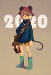  2020 androgynous animal_ears aqua_eyes aqua_footwear bag boots brown_background chinese_zodiac hat highres kunitarou-art long_sleeves looking_at_viewer mouse_ears mouse_tail original red_headwear short_hair shorts shoulder_bag solo tail white_hair year_of_the_rat yellow_shorts 