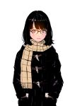  1girl black_coat black_hair blush coat eyebrows_behind_hair glasses gloves hands_in_pockets highres lipstick looking_at_viewer makeup medium_hair original peco_(pockleberry) pink_eyes scarf simple_background smile solo upper_body white_background yellow_scarf 