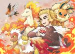  1girl :d absurdres belt belt_buckle bird blonde_hair brown_jacket brown_pants buckle cape character_request commentary_request fire flareon gen_1_pokemon gen_4_pokemon gen_6_pokemon gradient_hair highres holding holding_poke_ball infernape jacket kimetsu_no_yaiba long_hair long_sleeves monkey mono_land multicolored_hair open_mouth pants poke_ball poke_ball_(basic) pokemon pokemon_(creature) rapidash red_eyes redhead rengoku_kyoujurou smile talonflame white_belt white_cape 