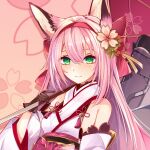  1girl animal_ears azur_lane bare_shoulders bow brown_gloves colored_pencil_(medium) detached_sleeves fox_ears fox_girl gloves green_eyes hair_bow hair_ornament hairband hairpin hanazuki_(azur_lane) highres holding holding_umbrella japanese_clothes kimono lave2600 long_hair looking_at_viewer marker_(medium) millipen_(medium) oil-paper_umbrella pink_bow pink_hair pink_sash print_umbrella red_hairband sakura_empire_(emblem) sash smile smokestack solo traditional_media umbrella upper_body white_kimono wide_sleeves 