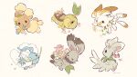  artist_name brown_eyes buneary bunnelby closed_eyes closed_mouth flower gen_3_pokemon gen_4_pokemon gen_5_pokemon gen_6_pokemon gen_8_pokemon holding minccino mouth_hold paws petals pokemon pokemon_(creature) scorbunny swablu toes turtwig white_background yurano_(upao) 