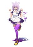  1girl :3 ahoge animal_band_legwear animal_ears apron breasts cat_band_legwear cat_ears cat_girl cat_tail closed_mouth commentary_request highres hololive large_breasts maid maid_apron mikan_(chipstar182) nekomata_okayu paw_pose purple_hair purple_legwear shadow short_hair solo tail violet_eyes virtual_youtuber 