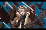  1boy animal artist_name beard bird black_bodysuit black_gloves blonde_hair blue_background bodysuit boku_no_hero_academia brown_jacket commentary_request facial_hair feathered_wings finger_to_mouth fur-trimmed_jacket fur_trim gloves hand_up hawks_(boku_no_hero_academia) headphones highres index_finger_raised jacket looking_at_viewer male_focus pepepecoooooo red_wings short_hair shushing smile solo upper_body wings 