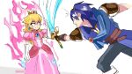  anger_vein armor aura blade_catching blonde_hair blue_hair brooch cape clenched_hand crown dress fire_emblem fire_emblem:_mystery_of_the_emblem gloves glowing glowing_eyes highres jewelry looking_at_another mag_(magdraws) super_mario_bros. marth_(fire_emblem) mini_crown pink_dress princess_peach shoulder_armor simple_background smile super_mario_bros. super_smash_bros. sword weapon white_gloves 