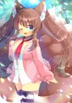  1girl ;d animal_ear_fluff animal_ears bangs black_bow blue_eyes blurry blurry_background blush bow breasts brown_hair cardigan collarbone commentary_request depth_of_field eyebrows_visible_through_hair fang fox_ears fox_girl fox_tail hair_between_eyes hand_up hood hood_down hooded_cardigan kouu_hiyoyo kyuubi long_hair long_sleeves medium_breasts multiple_tails necktie one_eye_closed open_cardigan open_clothes open_mouth original pink_cardigan plushmallow red_neckwear shirt sleeves_past_wrists smile solo striped striped_legwear tail thigh-highs twintails very_long_hair white_shirt 