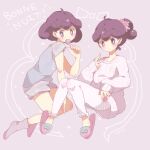  33lol alternate_hairstyle blue_shirt burgundy_(pokemon) candy food grey_background hair_ornament lollipop long_sleeves looking_at_viewer pants pokemon pokemon_(anime) pokemon_(game) pokemon_xy purple_hair shirt short_hair shorts simple_background sitting slippers sweater t-shirt violet_eyes white_pants 