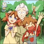  2boys 2girls :d anime_coloring bird bird_(wonder_project) blue_eyes blush border brown_hair dress gesosquidika hair_ornament instrument jewelry josette looking_at_viewer multiple_boys multiple_girls necklace ocarina open_mouth outdoors pino_(wonder_project) short_hair short_sleeves short_twintails smile tinker_(wonder_project) tree twintails wonder_project_j2 