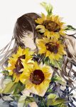  1girl bouquet brown_hair flower highres long_hair niwa_haruki original sunflower wavy_hair white_background yellow_eyes yellow_flower 