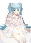  1girl :o animal_ears arm_at_side bear_ears blue_eyes blue_hair dress fang gloves hatsune_miku long_hair long_sleeves looking_at_viewer lpip open_mouth paw_gloves paws simple_background sitting solo thigh-highs twintails very_long_hair vocaloid white_background white_dress white_legwear zettai_ryouiki 