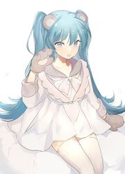  1girl :o animal_ears arm_at_side bear_ears blue_eyes blue_hair dress fang gloves hatsune_miku long_hair long_sleeves looking_at_viewer lpip open_mouth paw_gloves paws simple_background sitting solo thigh-highs twintails very_long_hair vocaloid white_background white_dress white_legwear zettai_ryouiki 