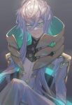 1boy asclepius_(fate) closed_mouth commentary fate/grand_order fate_(series) green_eyes hair_between_eyes highres light_oooo long_hair male_focus sleeves_past_fingers sleeves_past_wrists slit_pupils solo turtleneck upper_body white_hair 
