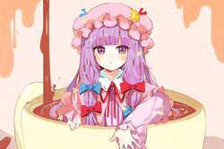  1girl :o bangs blue_bow blue_ribbon blunt_bangs blush bow coffee commentary_request crescent cup dress eyebrows_behind_hair grey_background hair_bow hat hat_ornament hat_ribbon highres in_container in_cup long_hair long_sleeves looking_at_viewer mob_cap neck_ribbon parted_lips patchouli_knowledge pink_capelet pink_headwear pouring purple_dress purple_hair red_bow red_neckwear red_ribbon ribbon samayoi sidelocks simple_background solo star_(symbol) star_hat_ornament striped teacup touhou vertical_stripes violet_eyes wide_sleeves 