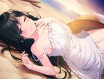  1girl beach black_hair blush day dress dutch_angle hat hat_removed headwear_removed highres landsel long_hair lying nayuta_yuri official_art on_back one_eye_closed outdoors sand smile solo strap_slip sun sun_hat violet_eyes white_dress 