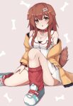  1girl :o animal_ears bangs bone_hair_ornament bracelet breasts brown_eyes brown_hair collar dog_ears dog_girl dress eyebrows_visible_through_hair hair_ornament hand_on_own_thigh highres hololive inugami_korone jewelry light_blush looking_at_viewer medium_breasts off-shoulder_sweater off_shoulder open_mouth sitting solo sunsan sweater tube_socks virtual_youtuber white_dress yellow_sweater 