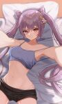  1girl bangs bed black_shorts camisole closed_mouth earrings genshin_impact hair_between_eyes hair_ears hair_ornament highres jewelry keqing_(genshin_impact) long_hair looking_at_viewer lying moth1 navel on_back outstretched_arms pov purple_hair red_eyes shorts sidelocks smile solo twintails underwear 
