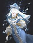  1girl absurdres astereane black_background blonde_hair blue_dress covered_eyes crown dress gloves highres identity_v jewelry lipstick makeup melly_plinius necklace ring snowflakes solo veil white_gloves 