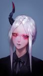  androgynous black_suit blue_background heterochromia horns long_hair looking_at_viewer ohayosayonara original portrait simple_background single_horn solo violet_eyes white_hair yellow_eyes 