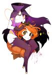  +_+ 1girl black_bow bow bow_hairband bug cape colored_skin commentary disembodied_head dullahan eliza_(halphelt) english_commentary floating_cape hairband halloween halloween_costume halphelt high_collar highres looking_at_viewer no_feet orange_hair original pumpkin purple_cape purple_legwear silk simple_background sitting smile solo spider spider_web thigh-highs torn_cape torn_clothes white_background white_skin 