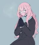  1girl black_coat black_gloves closed_eyes coat gloves hands_together highres long_hair mask megurine_luka mouth_mask pink_hair scarf sitting solo suou36262 vocaloid 