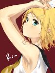  1girl armpits arms_up bangs bare_shoulders blonde_hair blue_eyes bow expressionless from_side hair_bow hair_ornament hairclip highres kagamine_rin looking_at_viewer nail_polish red_background satosatomog short_hair shoulder_tattoo sideways_glance sketch solo swept_bangs tattoo vocaloid yellow_nails 