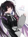  1girl ahoge black_dress black_hair character_request copyright_request dress gradient gradient_background highres holding holding_plate long_hair long_sleeves looking_at_viewer maid maid_headdress neck_ribbon plate red_eyes ribbon rrrr_222 simple_background solo twintails white_ribbon 