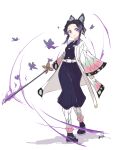  1girl absurdres artist_name bangs belt black_hair bug butterfly butterfly_hair_ornament full_body gradient_hair hair_ornament highres holding holding_sword holding_weapon insect katana kimetsu_no_yaiba kochou_shinobu long_sleeves looking_at_viewer multicolored_hair neve parted_bangs purple_hair smile solo sword violet_eyes weapon white_belt 