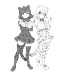  2girls animal_ears arm_behind_back bangs belt black_footwear black_jaguar_(kemono_friends) black_neckwear blush bow bowtie breasts character_request check_character crossed_arms elbow_gloves frilled_shirt frills full_body fur_trim gloves greyscale hand_up highres jaguar_(kemono_friends) jaguar_ears jaguar_girl jaguar_print jaguar_tail kemono_friends kona_ming large_breasts looking_at_viewer monochrome multiple_girls print_legwear shirt shoes short_hair short_sleeves simple_background skirt standing tail thigh-highs white_background white_footwear 