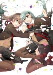  2girls :d aqua_hair blue_eyes bow bowtie brown_cardigan brown_hair brown_jacket brown_legwear brown_skirt cardigan confetti flight_deck frilled_skirt frills green_eyes hair_ornament hairclip holding holding_hands holding_turret jacket kantai_collection kumano_(kantai_collection) legs_up long_hair machinery multiple_girls open_clothes open_jacket open_mouth pleated_skirt ponytail red_neckwear remodel_(kantai_collection) rudder_footwear school_uniform skirt smile suzuya_(kantai_collection) teramoto_kaoru thigh-highs turret 