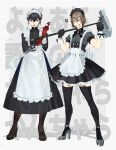  2boys absurdres akechi_gorou alternate_costume amamiya_ren anger_vein angry apron background_text bangs black_dress black_gloves black_hair boots brown_eyes brown_footwear brown_hair btmr_game clenched_teeth cross-laced_footwear crossdressinging dagger dress enmaided frilled_apron frills full_body gloves grey_footwear hair_between_eyes high_heel_boots high_heels highres holding holding_weapon long_sleeves maid maid_headdress male_focus middle_finger mop multiple_boys open_mouth otoko_no_ko persona persona_5 red_gloves short_sleeves signature simple_background standing star_(symbol) teeth weapon white_apron wrist_cuffs 