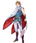 1boy 1man belt blonde_hair blue_clothes boots brown_eyes cape determined fire_emblem fire_emblem_heroes greaves knight muscular smile white_cape
