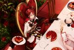  4boys :o black_gloves branch candle candlestand cellphone chair crown cup fingerless_gloves flower food from_above gloves grey_eyes hedgehog highres multiple_boys phone pie plate redhead riddle_rosehearts rose sitting solo_focus spoon table teacup tilted_headwear twisted_wonderland utsuginoki wrist_cuffs 