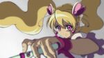  1girl blonde_hair choker commentary cure_erebos cure_peach earrings floating_hair foreshortening fresh_precure! gradient gradient_background grey_background hair_ornament heart heart_earrings heart_hair_ornament jewelry magical_girl momozono_love pink_choker pink_eyes precure serious shaded_face solo twintails wand wrist_cuffs 